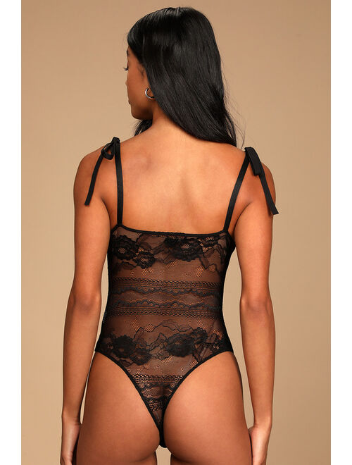 Lulus Not So Subtle Black Lace Tie-Strap Padded Bustier Bodysuit