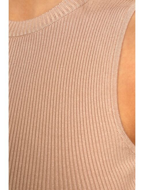 Lulus On Your Good Side Beige Ribbed Knit Asymmetrical Bodysuit