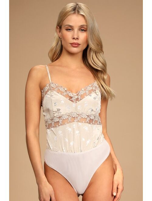 Lulus Classy Feeling Beige Floral Jacquard Lace Bodysuit