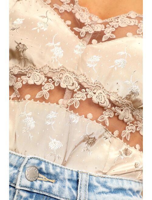 Lulus Classy Feeling Beige Floral Jacquard Lace Bodysuit