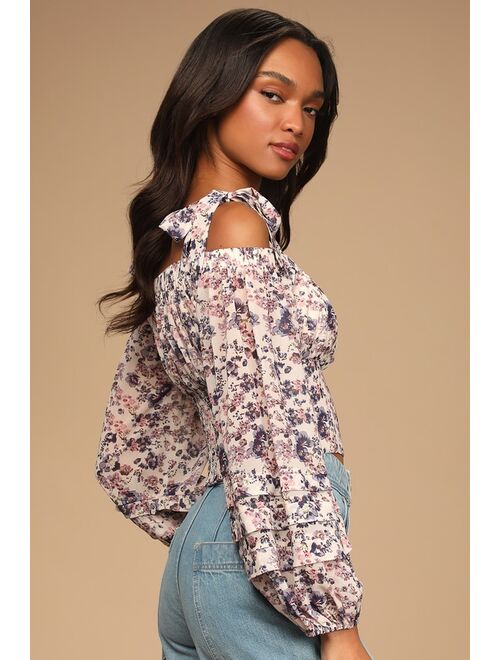 Lulus Blooming Brilliantly Cream Floral Print Long Sleeve Top