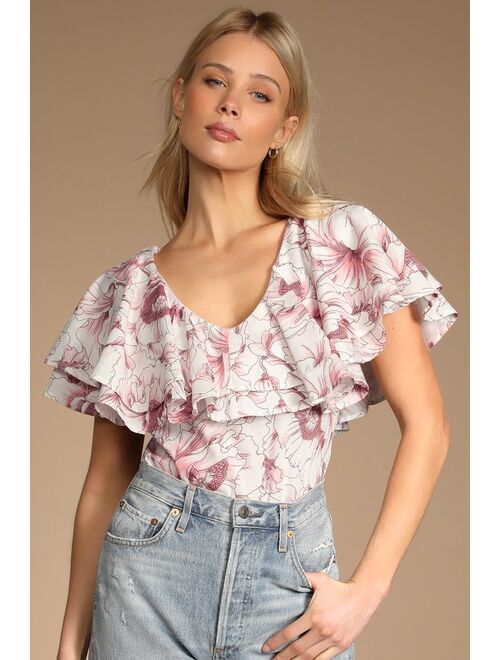 Lulus Lovely Style White Floral Print Ruffled Short Sleeve Bodysuit