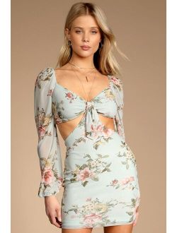 Ode to Spring Mint Floral Print Tie-Front Bodycon Mini Dress