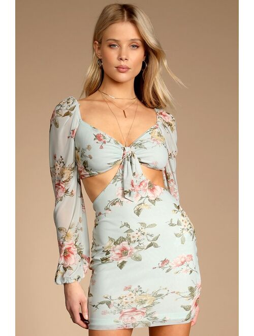 Lulus Ode to Spring Mint Floral Print Tie-Front Bodycon Mini Dress