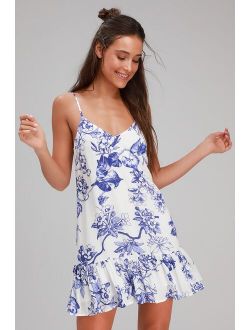 Garden Bloom Blue and White Floral Print Ruffled Shift Dress