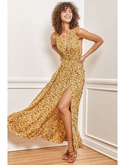 These are the Days Mustard Yellow Floral Print Halter Maxi Dress