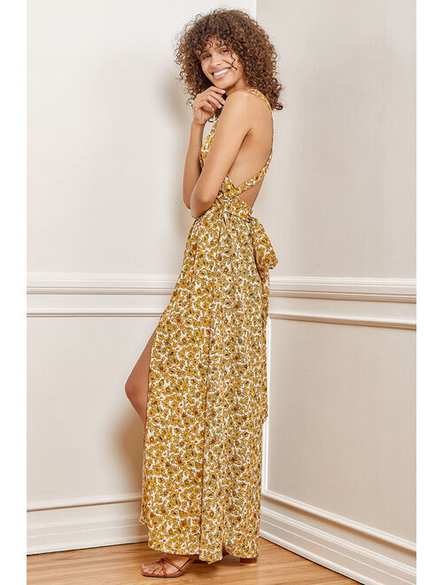 Lulus These are the Days Mustard Yellow Floral Print Halter Maxi Dress