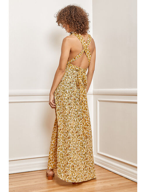 Lulus These are the Days Mustard Yellow Floral Print Halter Maxi Dress