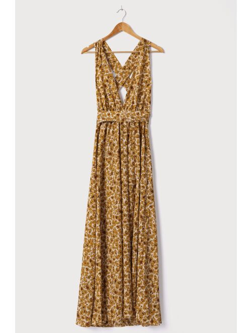 Lulus These are the Days Mustard Yellow Floral Print Halter Maxi Dress