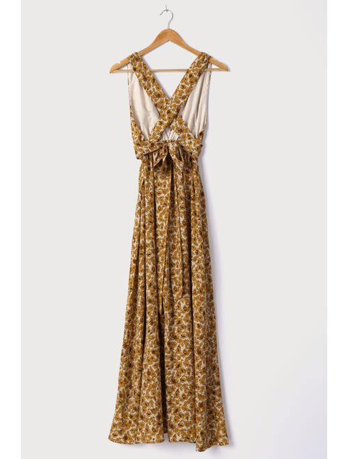 Lulus These are the Days Mustard Yellow Floral Print Halter Maxi Dress