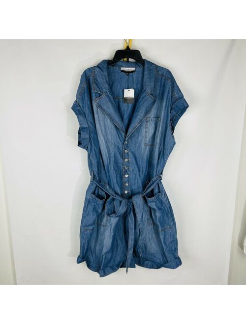 New Eloquii Elements Womans Romper Button Front Denim Sz 26 Belted Casual Blue