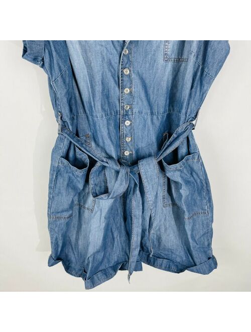 New Eloquii Elements Womans Romper Button Front Denim Sz 26 Belted Casual Blue