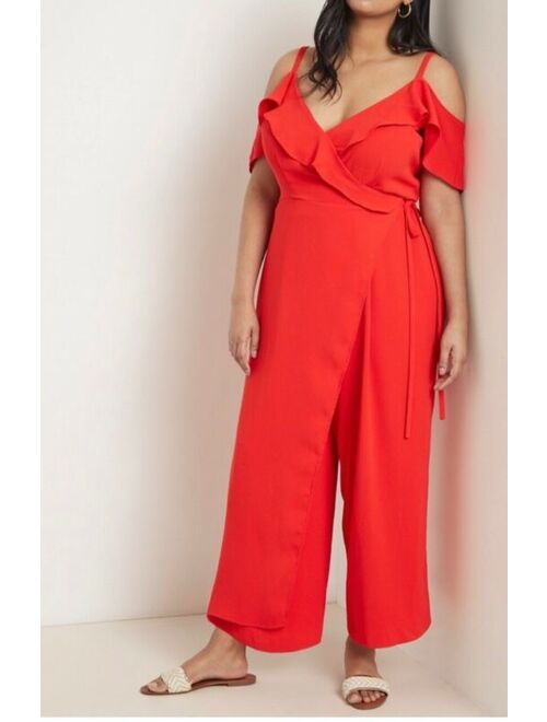 ELOQUII Elements NWT Eloquii Red Cold Shoulder Wide Leg Ruffle Wrap Jumper Pantsuit Size 22