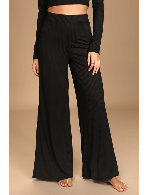 Lulus Let's Unwind Black Ribbed Wide-Leg Pants