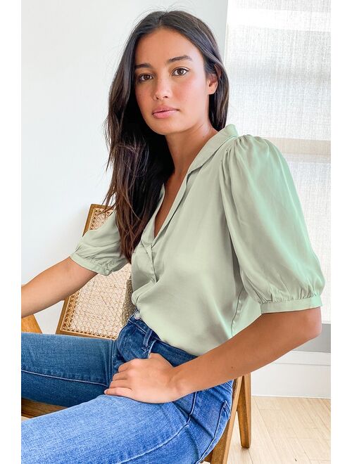 Lulus Sweet and Chic Sage Green Satin Button-Up Short Sleeve Top