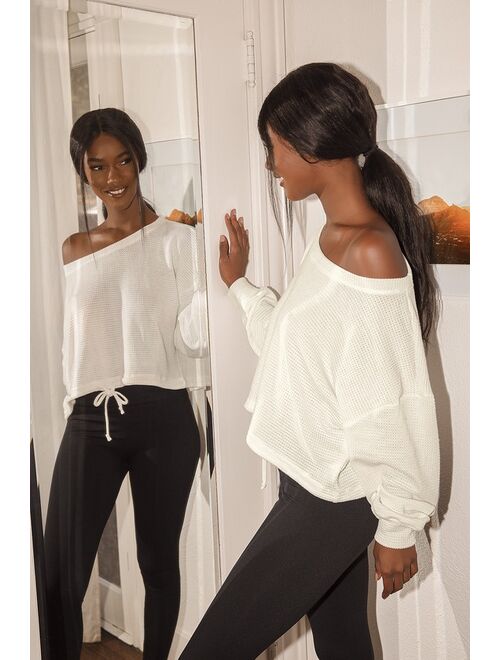 Lulus Relaxing Retreat White Waffle Knit Long Sleeve Top