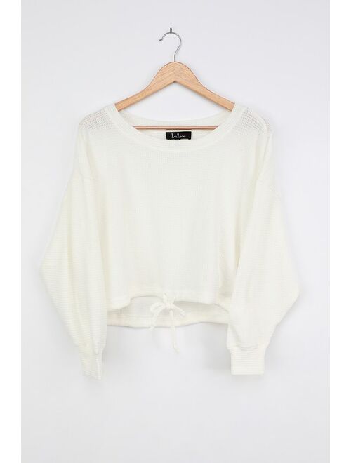 Lulus Relaxing Retreat White Waffle Knit Long Sleeve Top