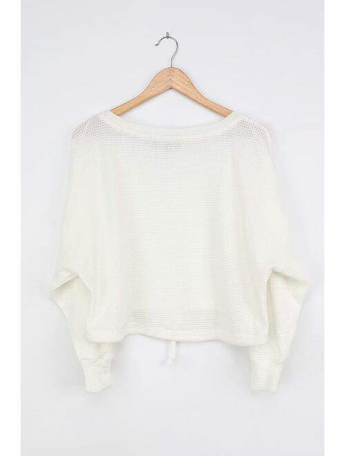 Lulus Relaxing Retreat White Waffle Knit Long Sleeve Top