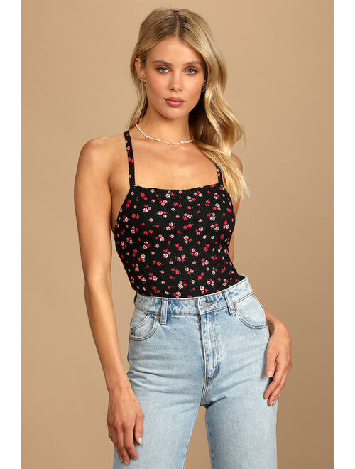 Lulus Bloom for You Black Floral Print Ribbed Crossback Bodysuit