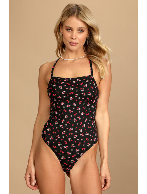 Lulus Bloom for You Black Floral Print Ribbed Crossback Bodysuit