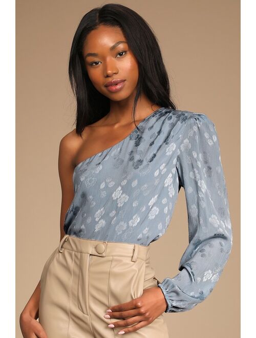 Lulus Stay Lovely Dusty Blue Floral Jacquard Satin One-Shoulder Top