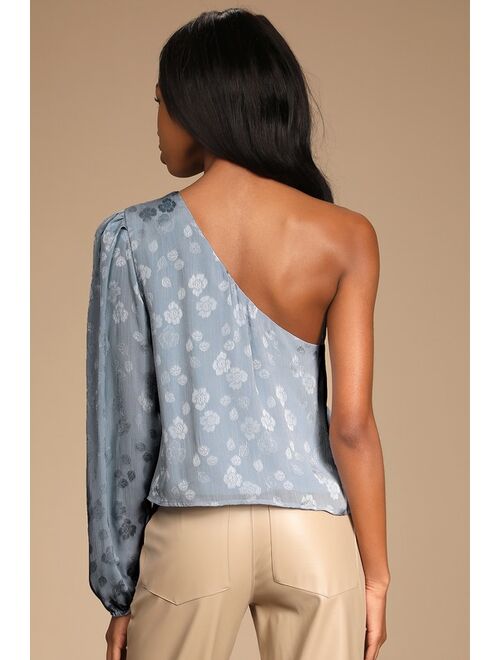 Lulus Stay Lovely Dusty Blue Floral Jacquard Satin One-Shoulder Top