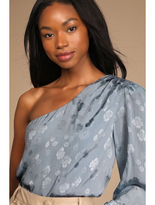 Lulus Stay Lovely Dusty Blue Floral Jacquard Satin One-Shoulder Top