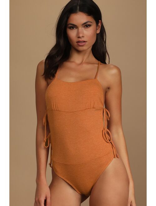 Lulus To Tie For Rust Orange Ribbed Side-Tie Tank Top Bodysuit