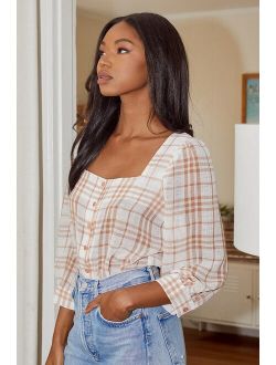 Sweet Disposition White Plaid Square Neck Button-Up Bodysuit