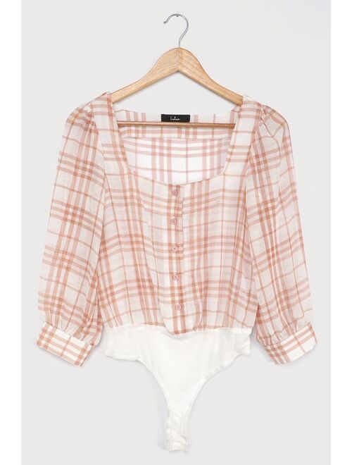 Lulus Sweet Disposition White Plaid Square Neck Button-Up Bodysuit