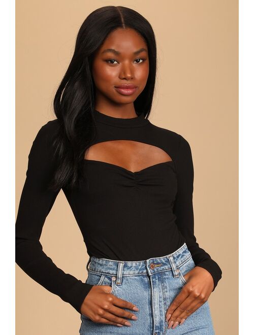 Lulus Flirty Factor Black Ribbed Long Sleeve Cutout Bodysuit