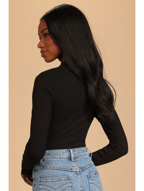 Lulus Flirty Factor Black Ribbed Long Sleeve Cutout Bodysuit