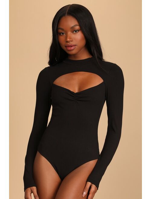 Lulus Flirty Factor Black Ribbed Long Sleeve Cutout Bodysuit