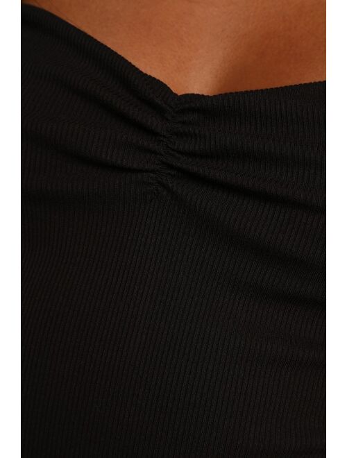 Lulus Flirty Factor Black Ribbed Long Sleeve Cutout Bodysuit