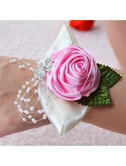 MOJUN Bridal Bridesmaid Wedding Wrist Corsage Hand Flower for Wedding, Party, Prom, Pack of 6, Cream