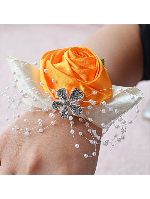 MOJUN Bridal Bridesmaid Wedding Wrist Corsage Hand Flower for Wedding, Party, Prom, Pack of 6, Cream