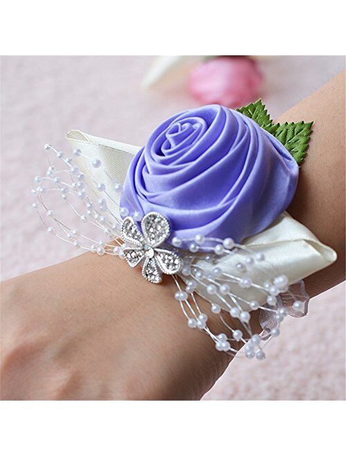 MOJUN Bridal Bridesmaid Wedding Wrist Corsage Hand Flower for Wedding, Party, Prom, Pack of 6, Cream