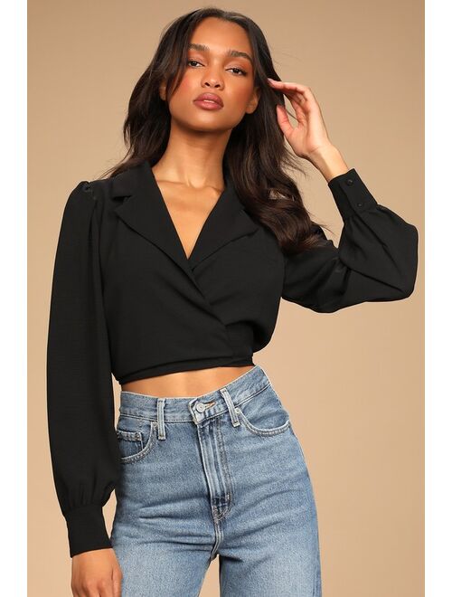 Lulus Wrap Sheet Black Long Sleeve Cropped Wrap Top