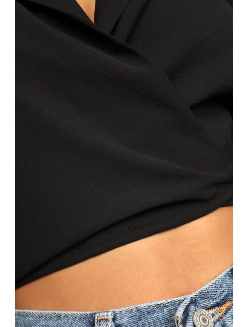 Lulus Wrap Sheet Black Long Sleeve Cropped Wrap Top