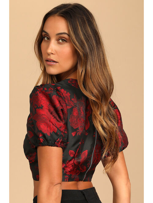 Lulus Make Some Blooms Black Floral Jacquard Knot-Front Crop Top