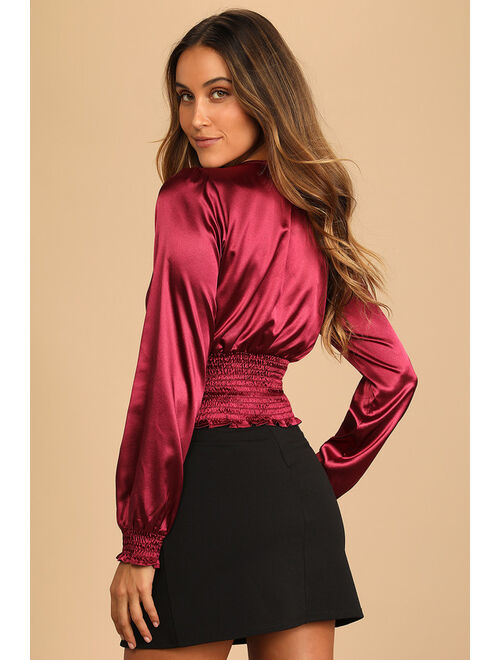 Lulus Style Sense Berry Pink Satin Long Sleeve Smocked Top