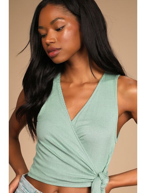 Lulus Made Your Impression Sage Green Ribbed Sleeveless Wrap Top
