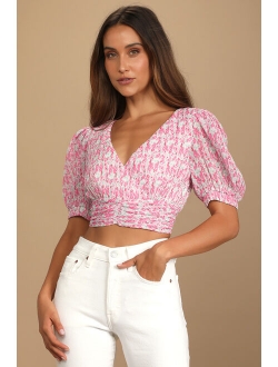 Picked for You Ivory Floral Print Pleated Tie-Back Crop Top
