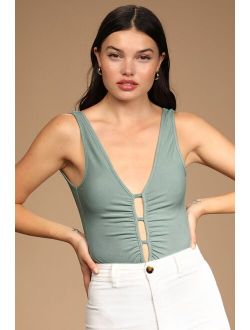 The Final Cut Sage Green Ribbed Cutout Bodysuit