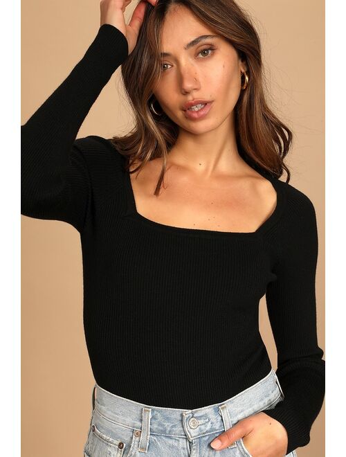 Lulus Boost Your Basics Black Ribbed Long Sleeve Bodysuit