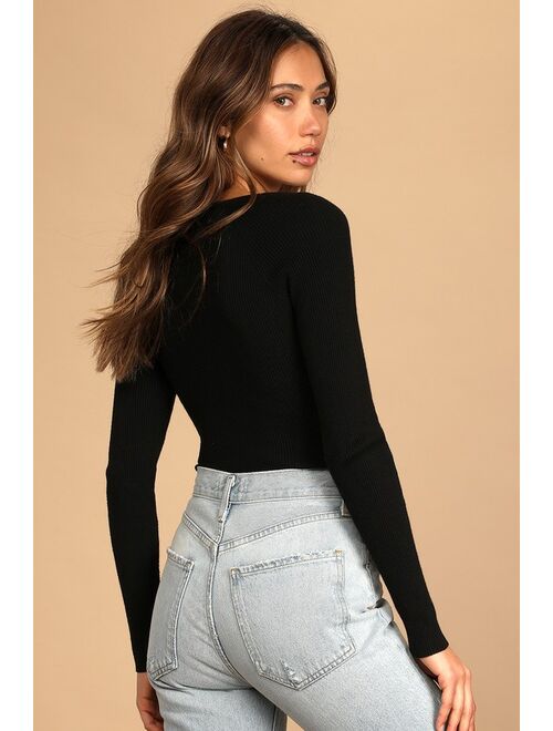 Lulus Boost Your Basics Black Ribbed Long Sleeve Bodysuit