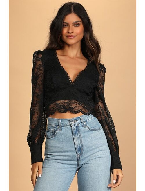 Lulus Sultry Allure Black Lace V-Neck Long Sleeve Crop Top