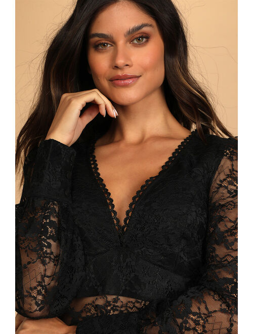 Lulus Sultry Allure Black Lace V-Neck Long Sleeve Crop Top