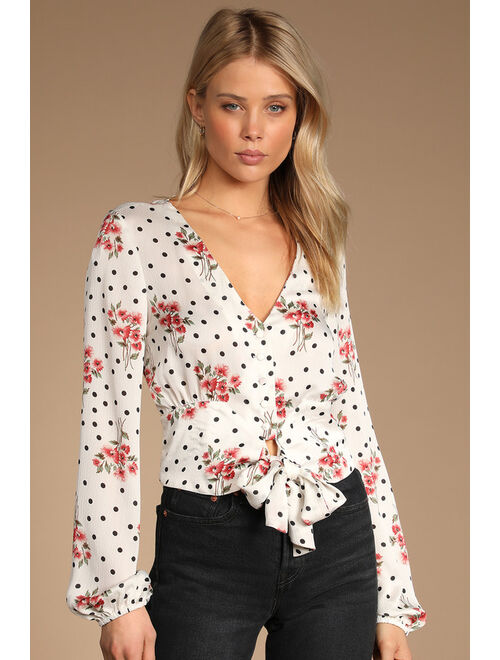 Lulus Doting Blooms White Floral Polka Dot Tie-Front Long Sleeve Top