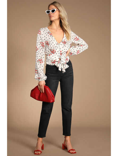 Lulus Doting Blooms White Floral Polka Dot Tie-Front Long Sleeve Top